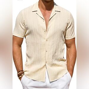 DEMEANOR Mens Short Sleeve Button Down Shirt Textured Linen Casual Button Up